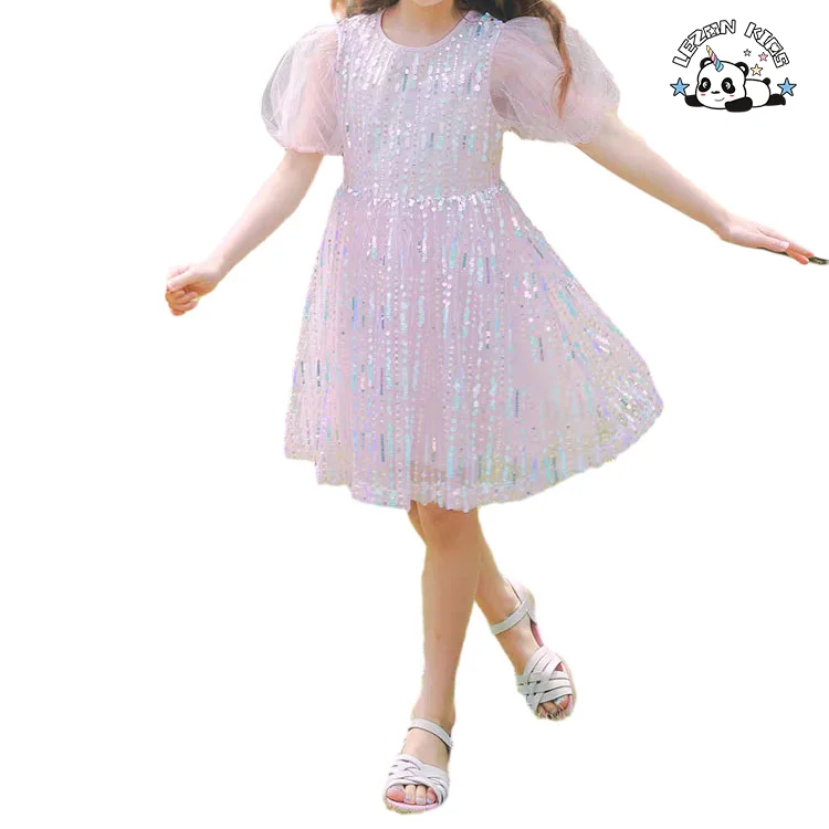 LEZONKIDS - Customizable Wholesale New Product Sweet Short Sleeve Sequin Children Frock Design for 2 to 6 Years Old Girls